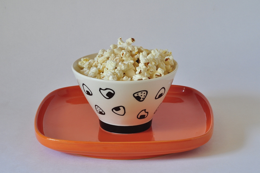 popped corn in container.